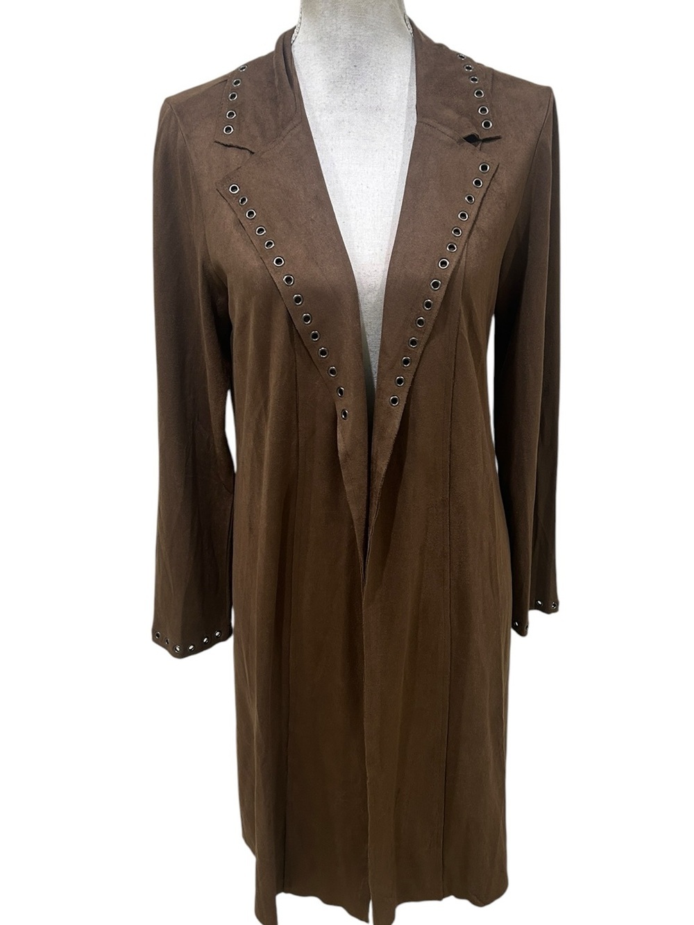 Nwot Vocal brown faux Suede Long duster gunmetal studded open front Jacket
